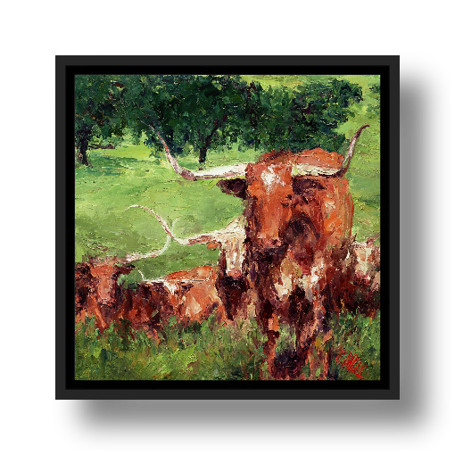 Over the Hill Longhorns on Giclee Gloss Canvas